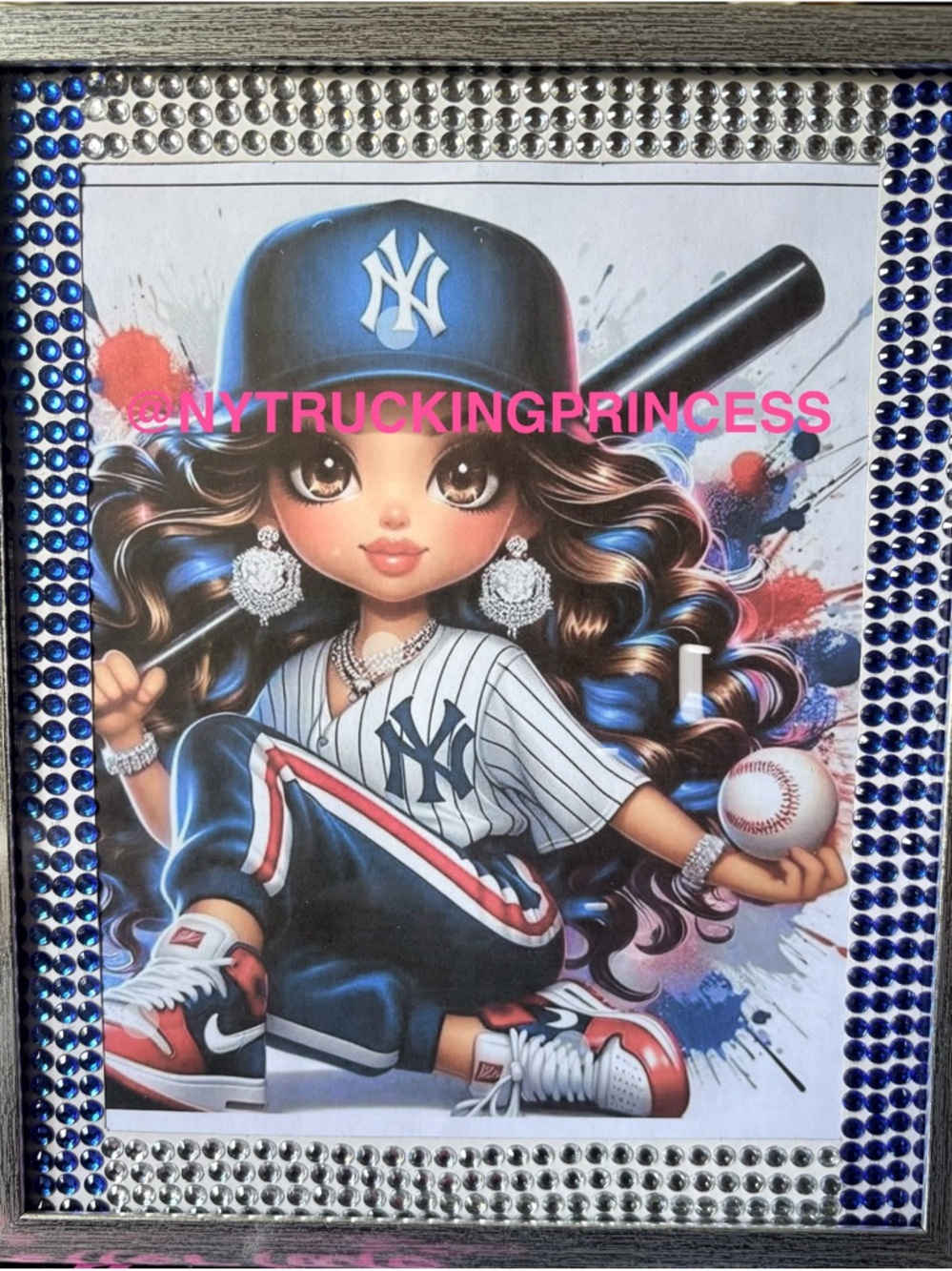 NY Baseball Girl Wall Art Print - Blue, White & Red-8x10 inches